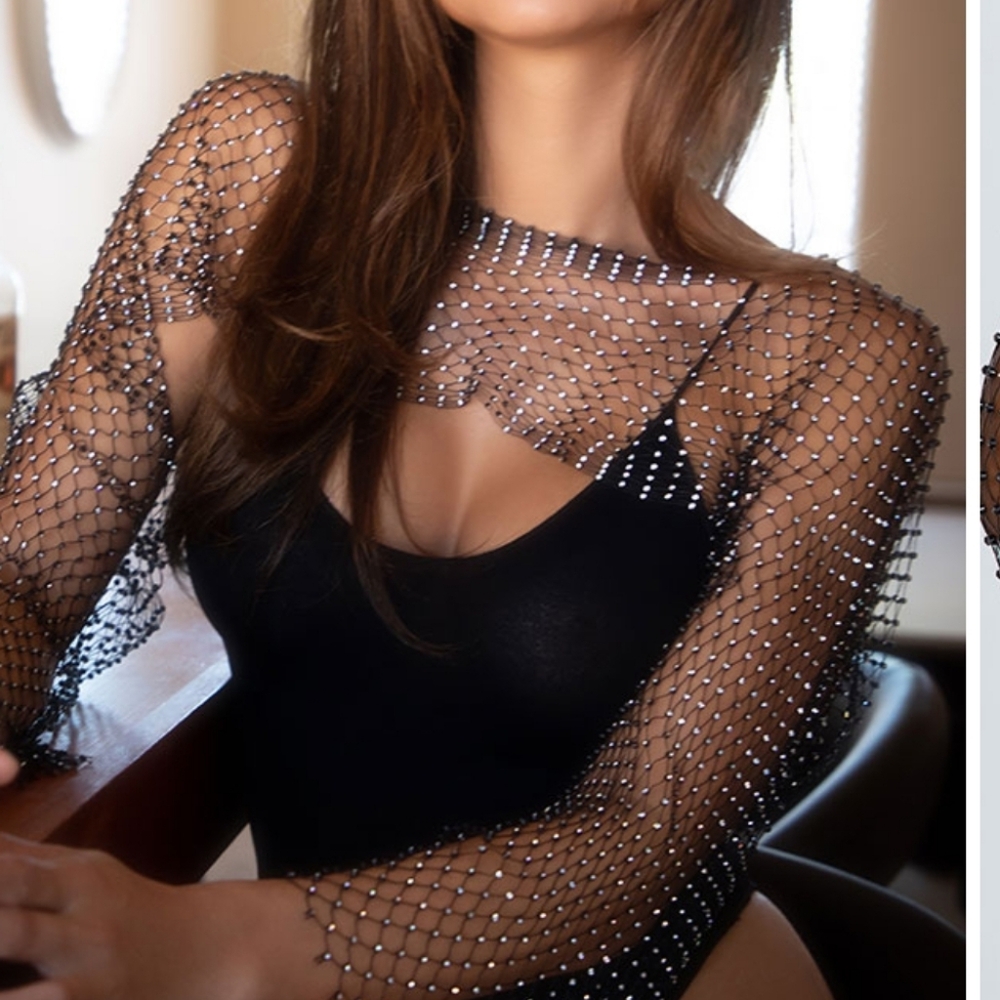Sheer Mesh Rhinestone Crop Top - Picture 2 of 3
